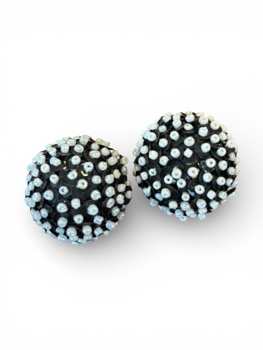 Vintage Black Sequin Beaded Dome Clip Earrings White Seed Beads 1950/60s